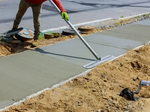 Pracownik wygładza świeży beton na chodniku. Jaki beton na wieniec? Ten budowlany jest idealny do takich prac.