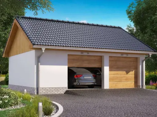 Nowoczesny projekt garażu 35m2 bez pozwolenia, z dwoma drewnianymi bramami, otoczony zielenią.