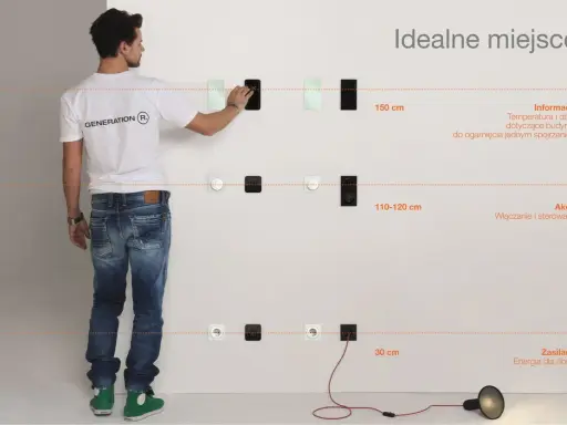Mężczyzna pokazuje idealne rozmieszczenie puszek elektrycznych na różnych wysokościach: 150 cm, 110-120 cm i 30 cm.