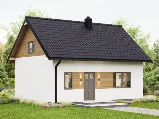 Idealna jaka działka pod dom 70m2. Biały, nowoczesny domek z drewnianymi elementami i czarnym dachem, otoczony zielenią.