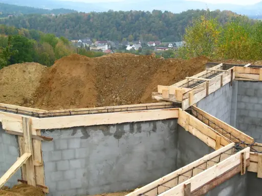 Fundamenty domu w budowie, zbrojenie i szalunki czekają na beton. Ważne jest pozwolenie na budowę, by wszystko szło zgodnie z planem.