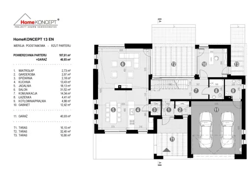 Rzut parteru domu HomeKONCEPT 13 EN. Porównanie powierzchni zabudowy (garaż 40,93 m²) z powierzchnią użytkową poszczególnych pomieszczeń.