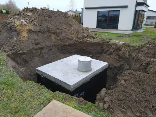 Betonowy zbiornik w wykopie, przygotowany na odpływ z rynny do ziemi.