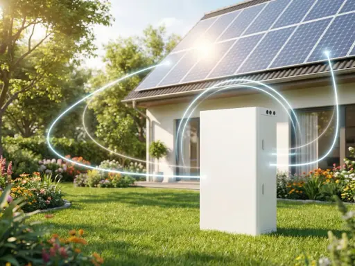 Biały magazyn energii stoi w słonecznym ogrodzie obok domu z panelami słonecznymi. Czy magazyn energii się opłaca? To pytanie o przyszłość domowej energetyki.