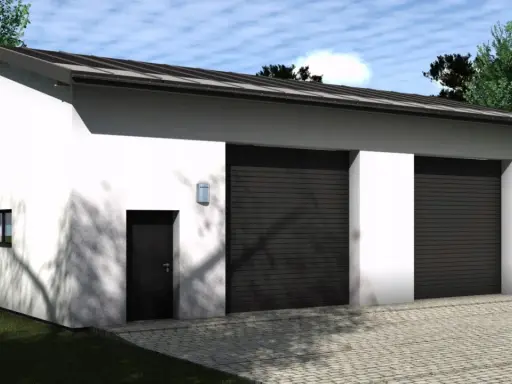 Nowoczesny projekt garażu dwustanowiskowego z dwoma bramami segmentowymi, białymi ścianami i brukowanym podjazdem.