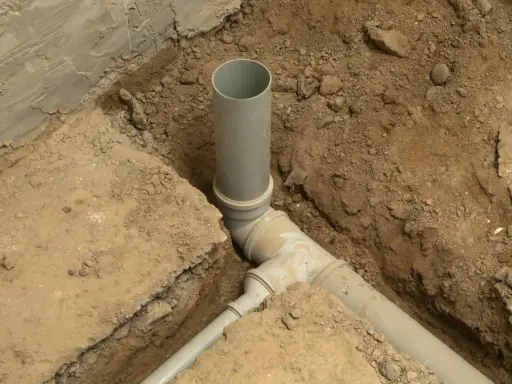 System kanalizacyjny w wykopie. Szara rura do kanalizacji pionowo i poziomo, połączona z innymi elementami.