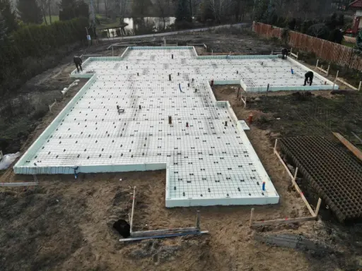 Szalunek płyty fundamentowej gotowy do zalania betonem. Na białej piance izolacyjnej ułożono zbrojenie i rury.