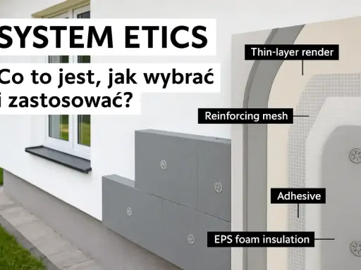 Przekrój ściany z systemem ETICS: styropian, siatka, klej i tynk.