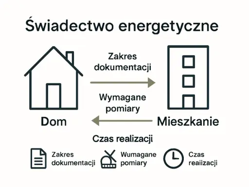 Schemat procesu uzyskania świadectwa charakterystyki energetycznej mieszkania. Pokazuje przepływ dokumentacji i pomiarów między domem a mieszkaniem.
