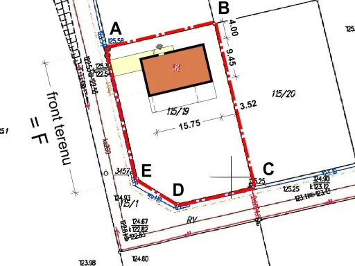 Plan zagospodarowania terenu z zaznaczonym budynkiem. Określa, kto wydaje warunki zabudowy dla działki 115/19.