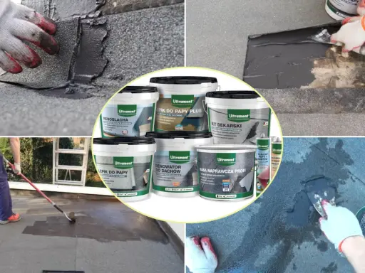 Naprawa dachu z papy: uszczelnianie, klejenie i renowacja. Materiały Ultrament pomagają w pracach dekarskich.