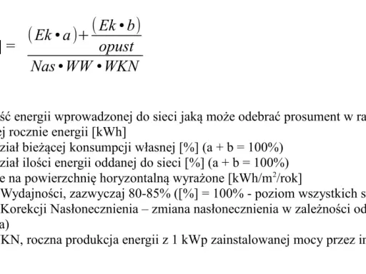Wzór na moc instalacji fotowoltaicznej uwzględnia nasłonecznienie, wydajność i korekty. Określa roczną produkcję energii z 1 kWp.