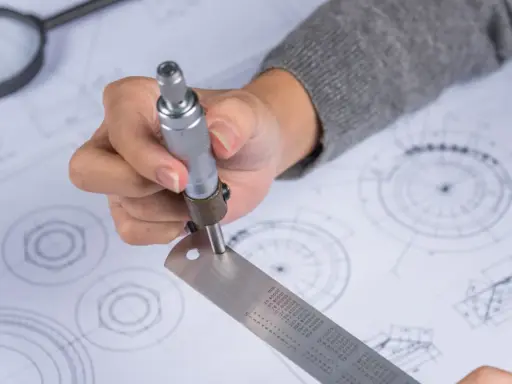 Ręka trzymająca suwmiarkę nad rysunkiem technicznym, pokazując jak czytać rysunek techniczny.