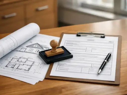 Plany domu, pieczątka i długopis na biurku. Dokumenty czekają na nadanie numeru domu.
