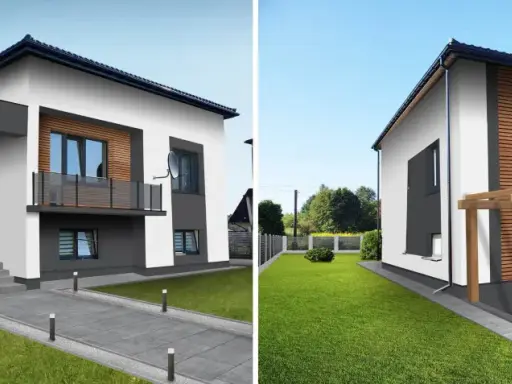 Nowoczesne elewacje starych domów piętrowych z drewnianymi akcentami i nowoczesnymi balkonami.