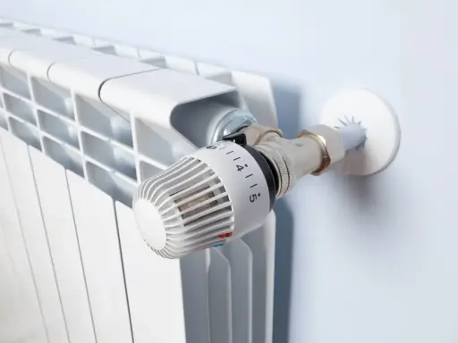 Biały grzejnik z termostatem. Idealne rozwiązanie, jeśli zastanawiasz się, jakie ogrzewanie do domu 70m2 wybrać.