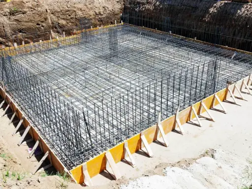 Gotowe zbrojenie ławy fundamentowej 40x60, otoczone drewnianym szalunkiem, czeka na zalanie betonem.