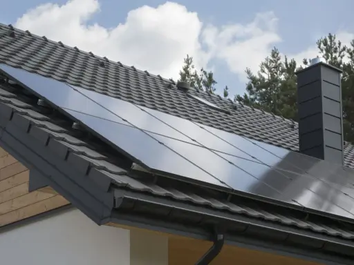 Nowoczesny dach z paneli fotowoltaicznych, szary komin i dachówka. Dom gotowy na zieloną energię.