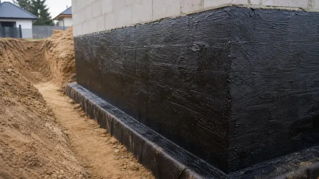 Czarna, grubowarstwowa izolacja ławy fundamentowej na ścianie z bloczków betonowych, otoczona wykopem z piaskiem.
