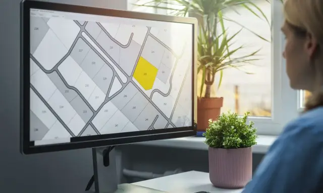 Kobieta analizuje na monitorze mapę działek, która przypomina wypis z rejestru gruntów. Jedna z parceli jest podświetlona na żółto.