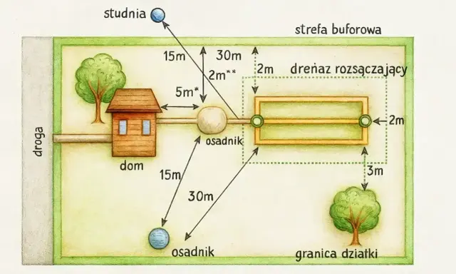 Schemat pokazuje rozmieszczenie elementów **oczyszczalni ścieków** na działce: dom, osadnik, drenaż rozsączający, studnia i drzewa.