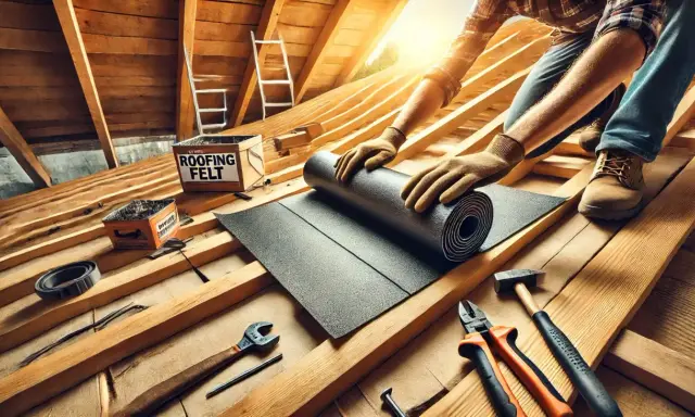Ręce w rękawiczkach rozwijają papę na dach z desek. W tle skrzynka z napisem "ROOFING FELT" i narzędzia.