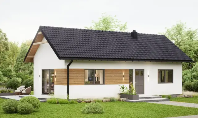 Nowoczesny domek letniskowy z drewnianymi elementami, idealny na wypoczynek. Sprawdź, jak uzyskać dofinansowanie na domek letniskowy i spełnić marzenia o własnym azylu.