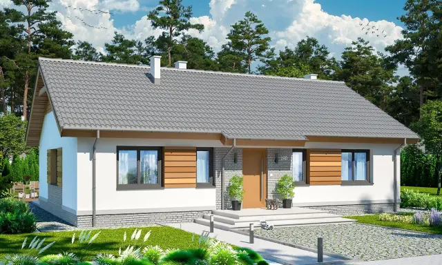 Nowy, tani dom 120m2 z nowoczesną elewacją i dużymi oknami, otoczony zielenią. Idealne miejsce dla rodziny.
