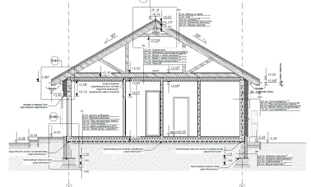 Przekrój przez budynek, szczegółowy projekt techniczny domu z opisem warstw izolacji i konstrukcji.