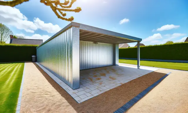 Nowoczesny, blaszany garaż o powierzchni 100m2, otoczony zadbanym ogrodem i żywopłotem. Idealny projekt na działkę.