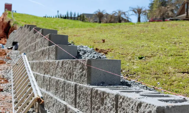 Budowa muru oporowego trwa. Betonowe bloki układane są warstwami, a różowa nić wyznacza linię. Obok stoi drabina.