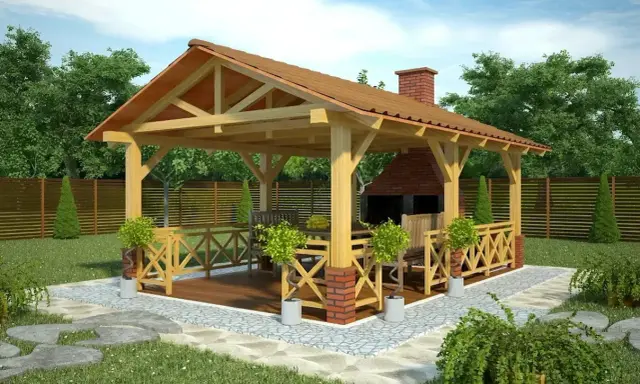Projekt altany z grillem i wędzarnią. Drewniana konstrukcja z dachem, ceglanym kominem i miejscem do biesiadowania.