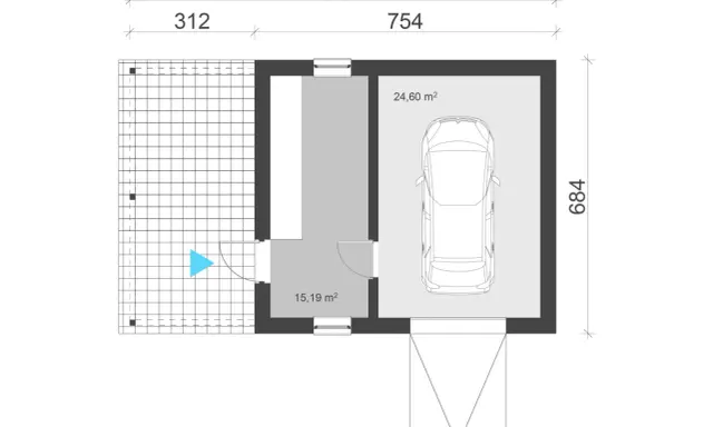 Projekt budynku usługowego: garaż 24,60 m² z miejscem na samochód, pomieszczenie 15,19 m², taras.