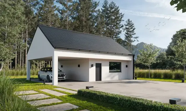 Nowoczesny dom z carportem na działce leśnej z możliwością zabudowy. Otoczony drzewami, z widokiem na góry.