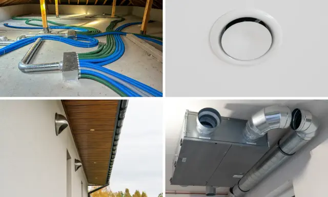 Instalacja wentylacji mechanicznej: przewody w poddaszu, kratka nawiewna, czerpnie ścienne i rekuperator.