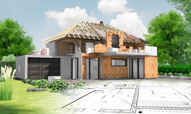 Przed zakupem działki sprawdź jej potencjał budowlany. Wizualizacja domu w przekroju na tle planów architektonicznych.