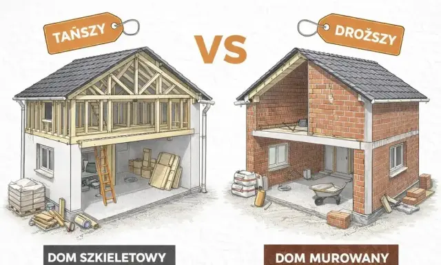 Porównanie budowy domu szkieletowego (tańszy) i murowanego (droższy). Oba domy są w stanie surowym zamkniętym, z widocznymi etapami budowy.