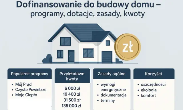 Dofinansowanie do budowy domu: programy, dotacje, zasady i kwoty. Ilustracja domu z monetą zł. Popularne programy, przykładowe kwoty, zasady i korzyści.