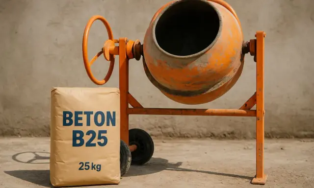 Worek z napisem "BETON B25" i betoniarka. Idealny zestaw, by dowiedzieć się, jak zrobić beton B25.