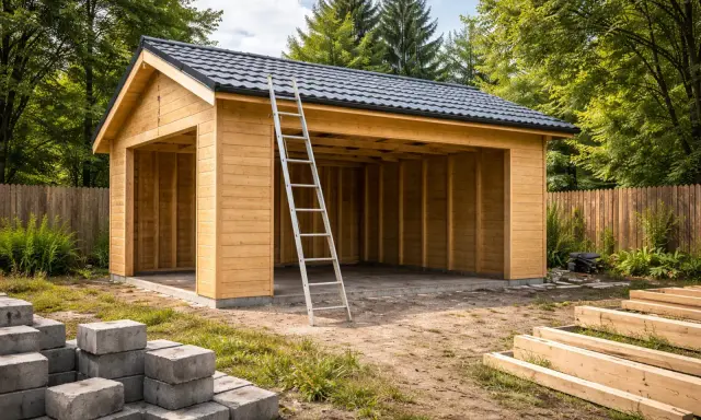 Darmowy projekt garażu drewnianego w budowie. Metalowa drabina oparta o konstrukcję, stosy betonu i drewna w pobliżu.