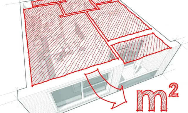 Ilustracja pokazuje, jak sie liczy metry kwadratowe powierzchni dachu, zaznaczonej czerwonymi liniami i kreskami.