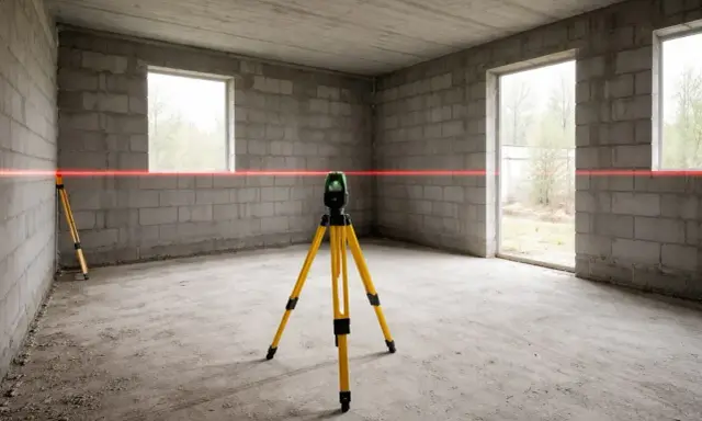 Precyzyjne wyznaczanie linii poziomej za pomocą niwelatora laserowego. Tak właśnie co robi geodeta, by zapewnić idealne wymiary.