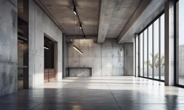 Surowy beton na stropie i ścianach tworzy industrialny klimat. Jasne światło wpada przez wielkie okna.