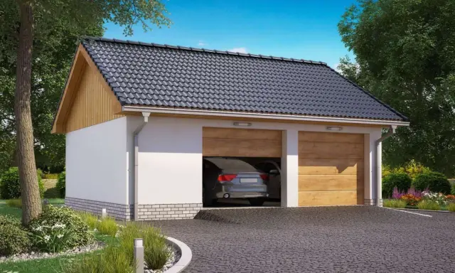 Nowoczesny projekt garażu 35m2 bez pozwolenia, z dwoma drewnianymi bramami, otoczony zielenią.
