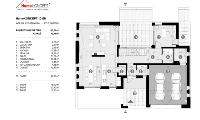 Rzut parteru domu HomeKONCEPT 13 EN. Porównanie powierzchni zabudowy (garaż 40,93 m²) z powierzchnią użytkową poszczególnych pomieszczeń.