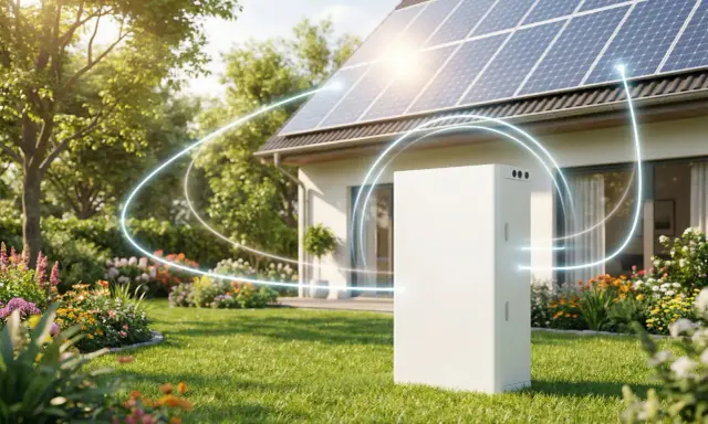 Biały magazyn energii stoi w słonecznym ogrodzie obok domu z panelami słonecznymi. Czy magazyn energii się opłaca? To pytanie o przyszłość domowej energetyki.