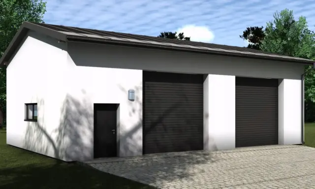 Nowoczesny projekt garażu dwustanowiskowego z dwoma bramami segmentowymi, białymi ścianami i brukowanym podjazdem.