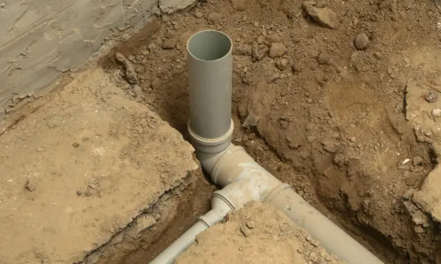 System kanalizacyjny w wykopie. Szara rura do kanalizacji pionowo i poziomo, połączona z innymi elementami.