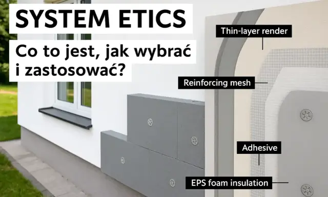 Przekrój ściany z systemem ETICS: styropian, siatka, klej i tynk.
