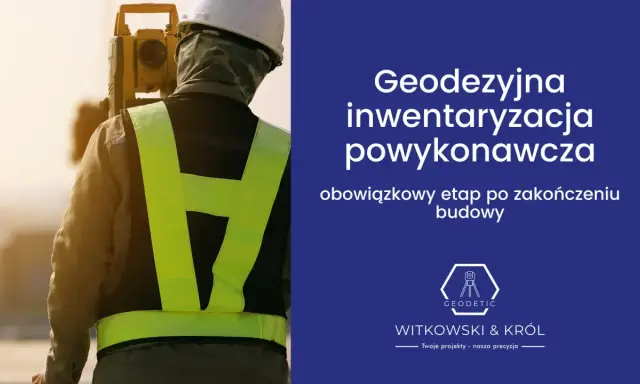 Geodezyjna inwentaryzacja powykonawcza to obowiązkowy etap po zakończeniu budowy. Geodeta z tachimetrem.